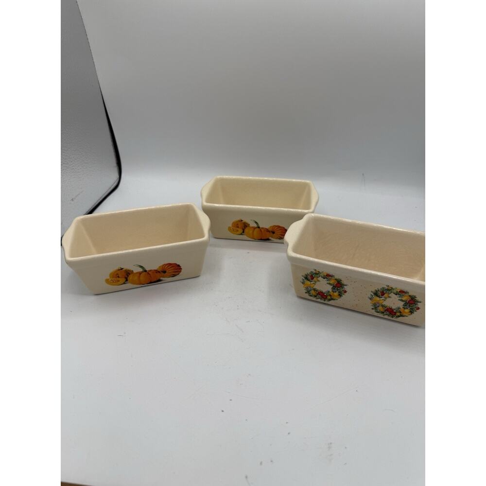 Set of 3 Mini Ceramic Loaf Pans Fall & Holiday Designs Pumpkin Wreath 6.5”